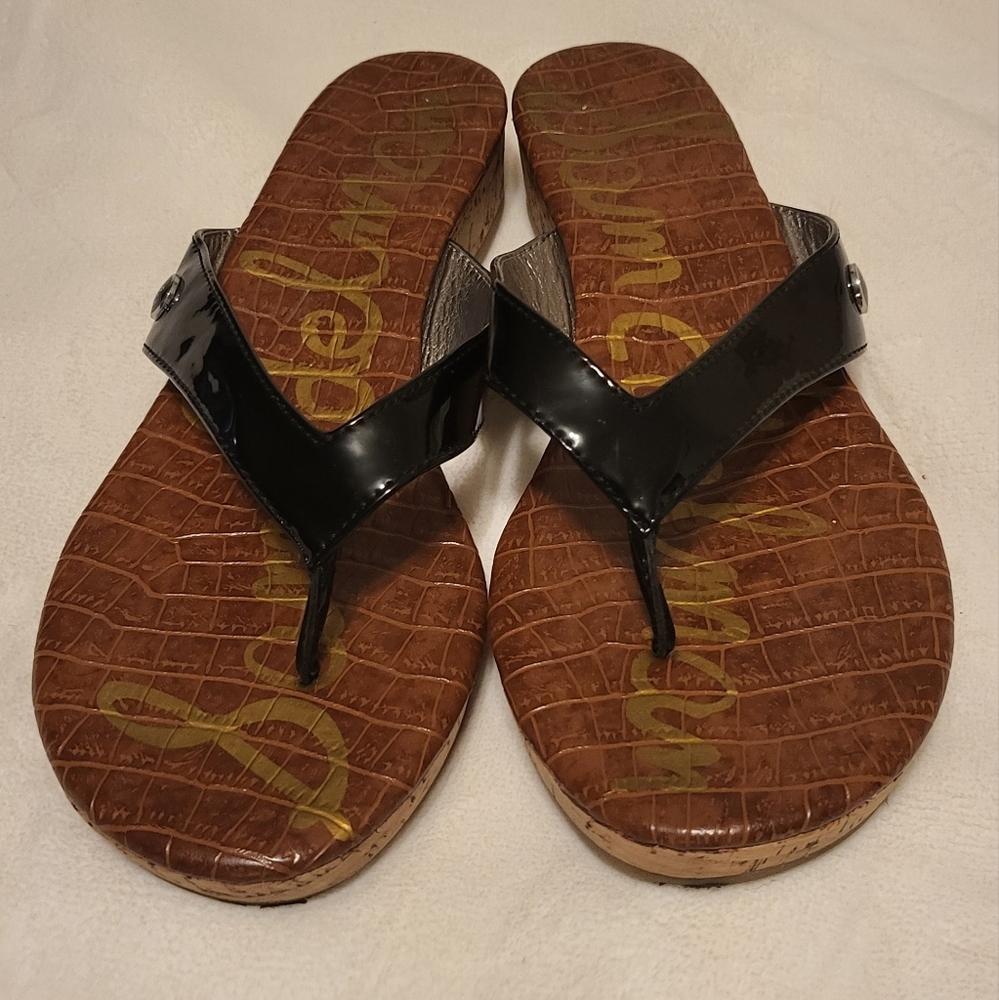 Sam Edelman Tanya Faux Patent Leather Cork Wedge Flip Flops Black, Size 7.5M - Picture 2 of 6